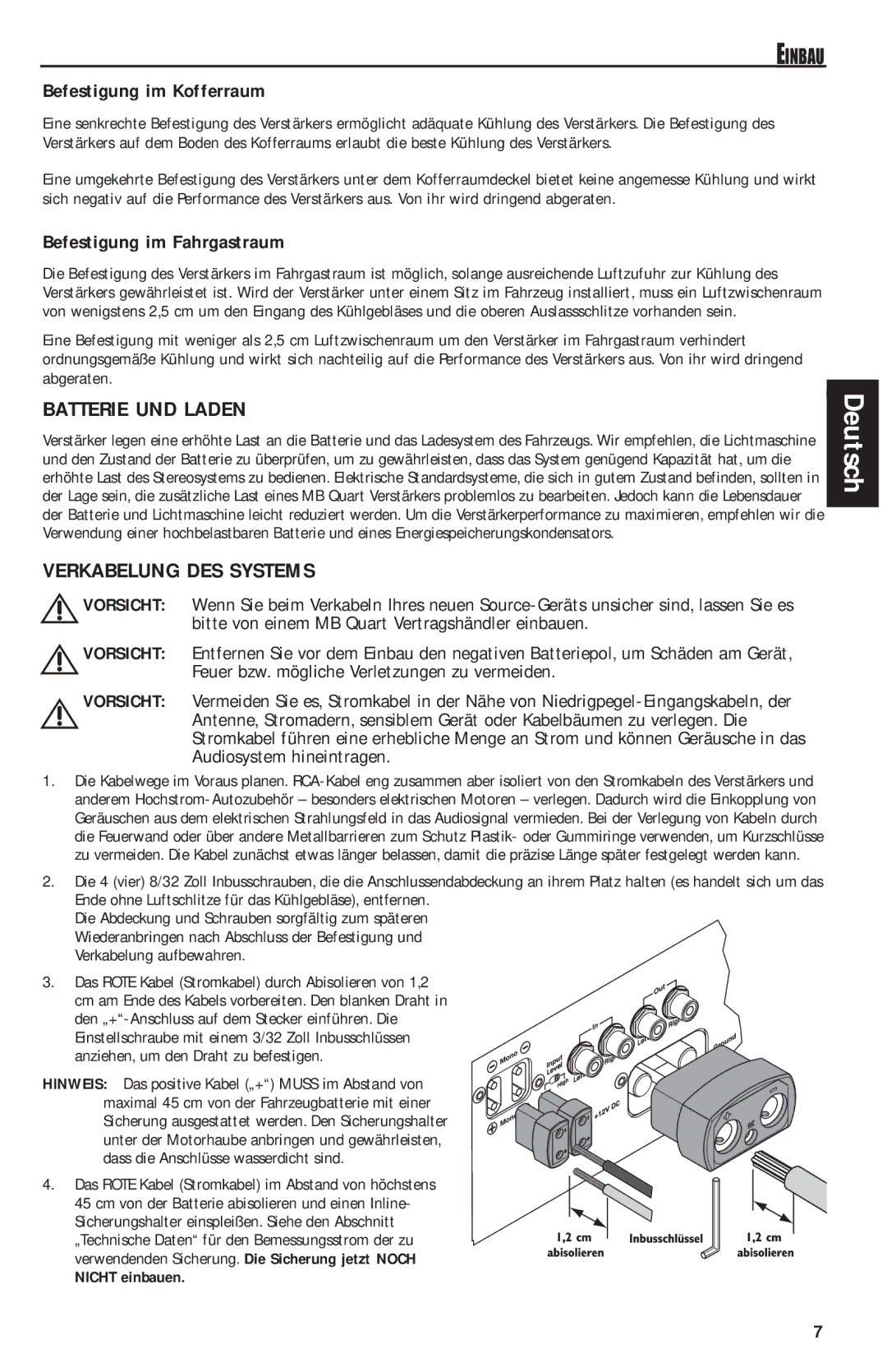 MB QUART QAA1000 manual Batterie UND Laden, Verkabelung DES Systems, Befestigung im Kofferraum, Befestigung im Fahrgastraum 