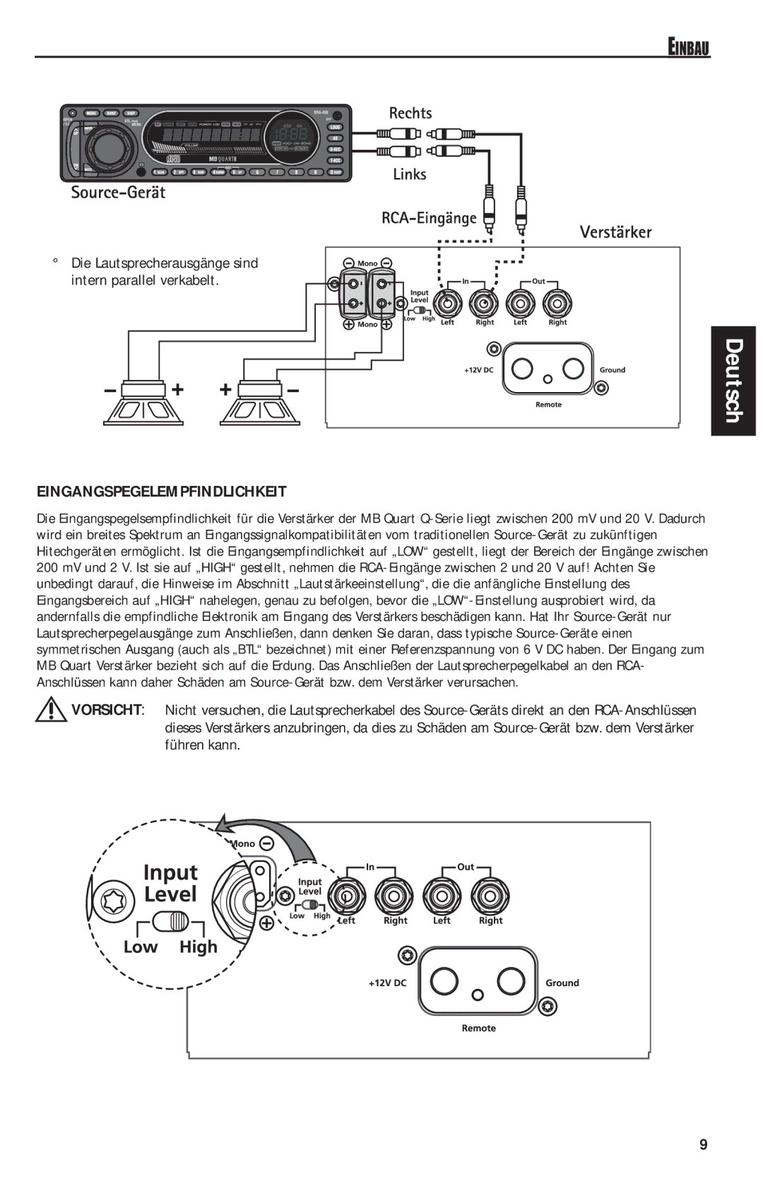 MB QUART QAA1000 manual Eingangspegelempfindlichkeit, Intern parallel verkabelt 