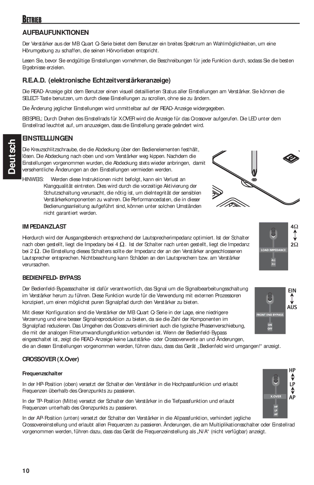 MB QUART QAA1000 manual Aufbaufunktionen, A.D. elektronische Echtzeitverstärkeranzeige, Einstellungen, Betrieb 