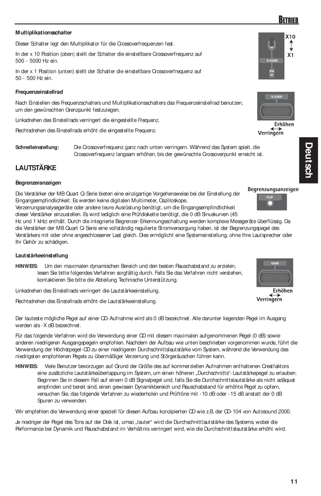 MB QUART QAA1000 manual Multiplikationsschalter, Frequenzeinstellrad, Begrenzeranzeigen, Lautstärkeeinstellung 