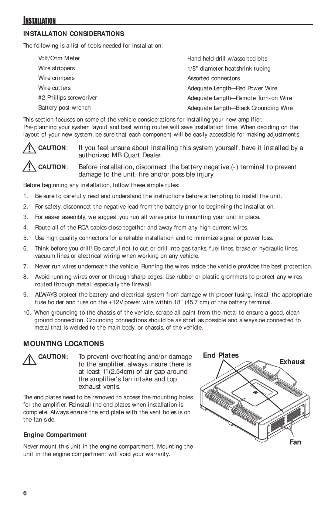 MB QUART QAA1000 manual Mounting Locations, Exhaust Fan, Installation Considerations, Engine Compartment 