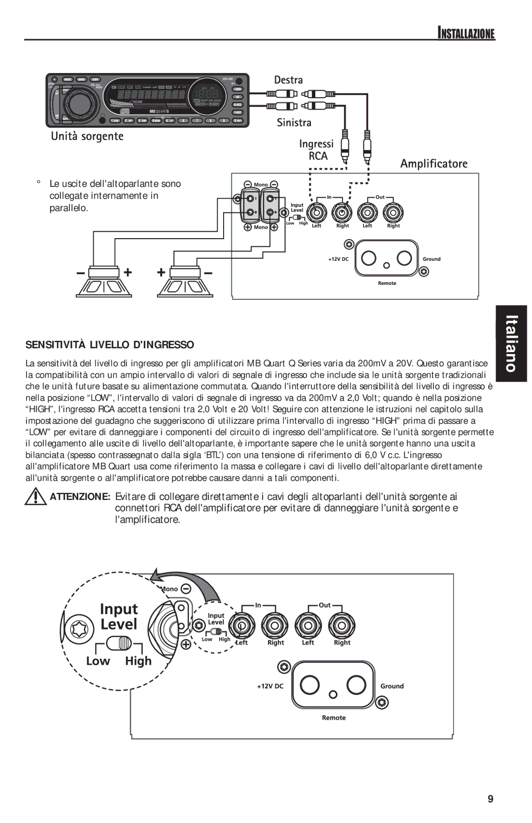 MB QUART QAA1000 manual Sensitività Livello Dingresso 