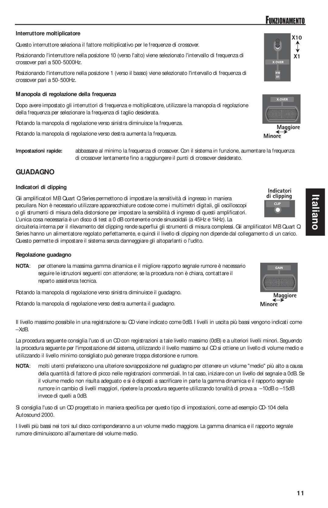 MB QUART QAA1000 Guadagno, Interruttore moltiplicatore, Manopola di regolazione della frequenza, Indicatori di clipping 