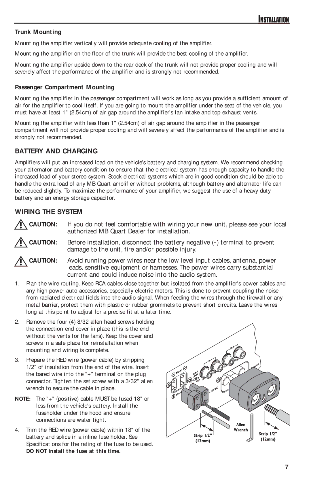 MB QUART QAA1000 manual Battery and Charging, Wiring the System, Trunk Mounting, Passenger Compartment Mounting 