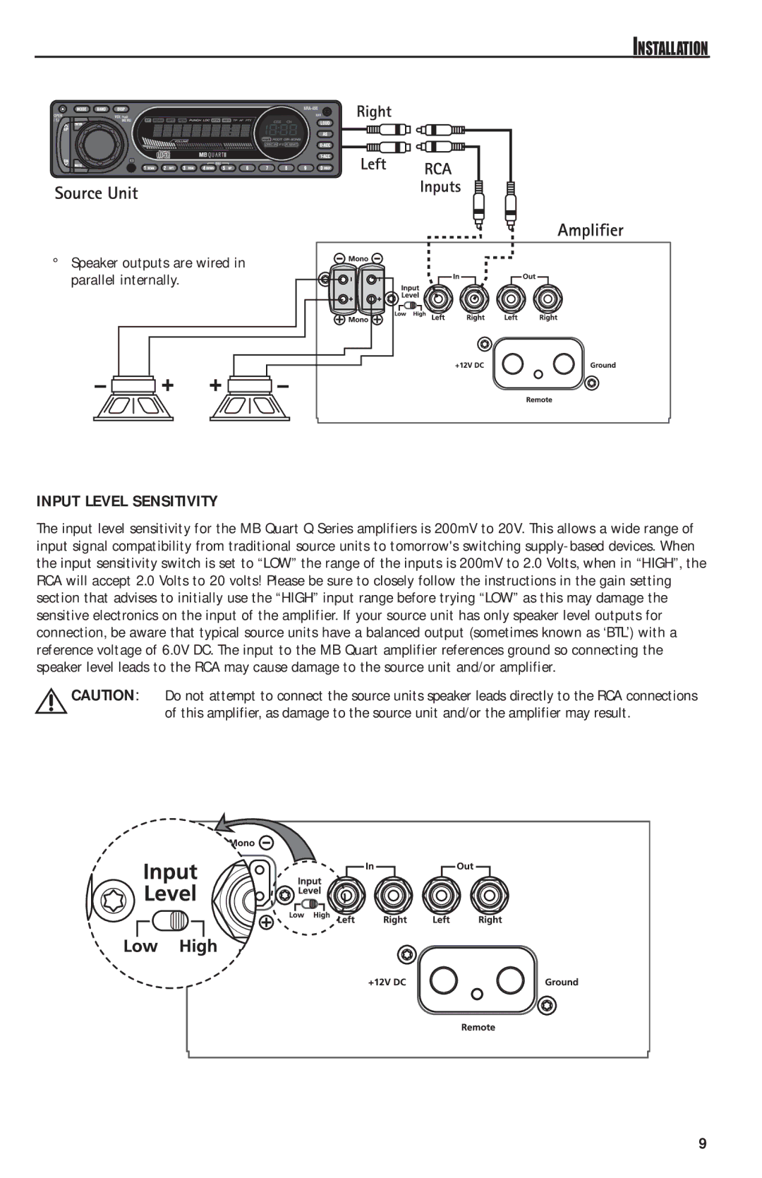 MB QUART QAA1000 manual Input Level Sensitivity, Speaker outputs are wired in parallel internally 