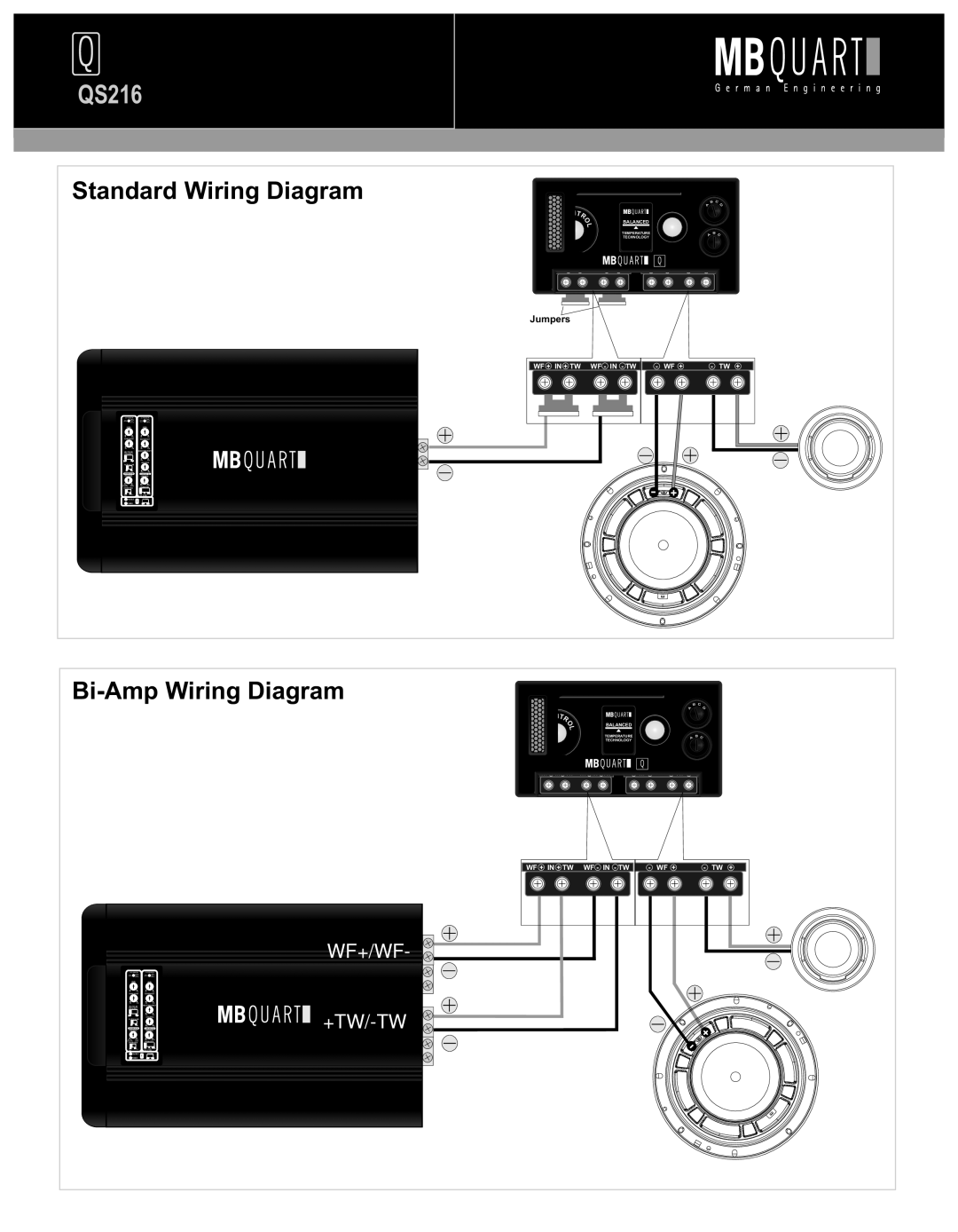 MB QUART QS216 manual Standard Wiring Diagram, Bi-Amp Wiring Diagram 