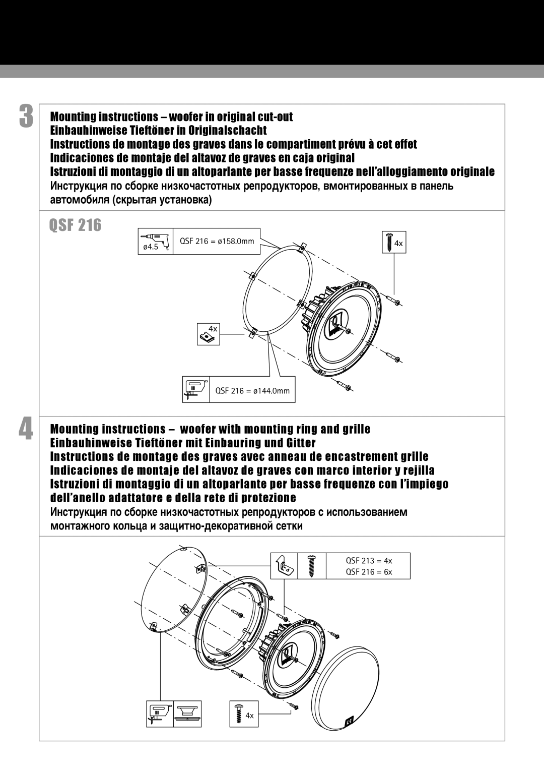 MB QUART QSF 213 installation instructions QSF 216 = ø158.0mm QSF 216 = ø144.0mm 