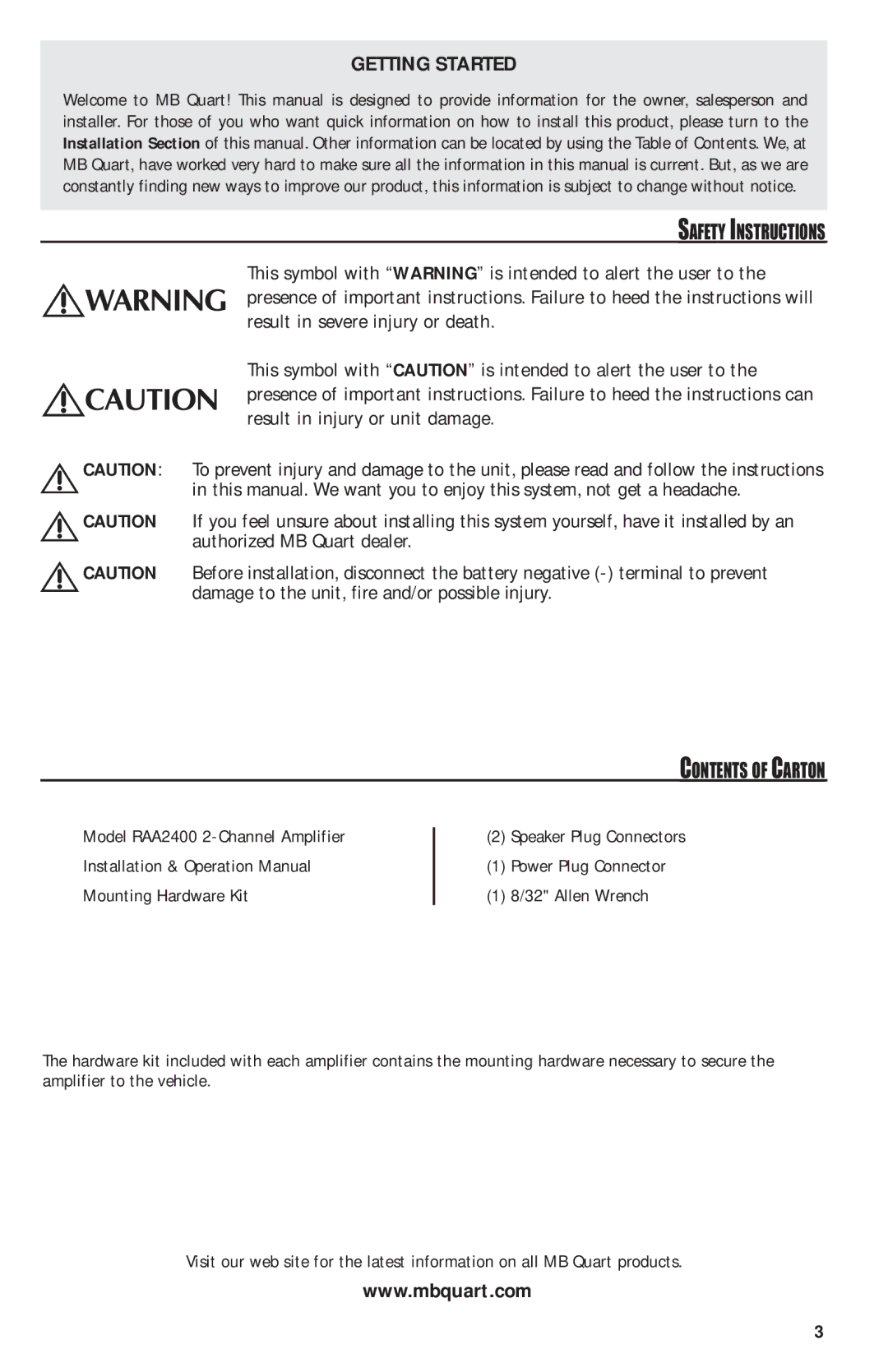 MB QUART RAA2400 manual Getting Started, Safety Instructions 