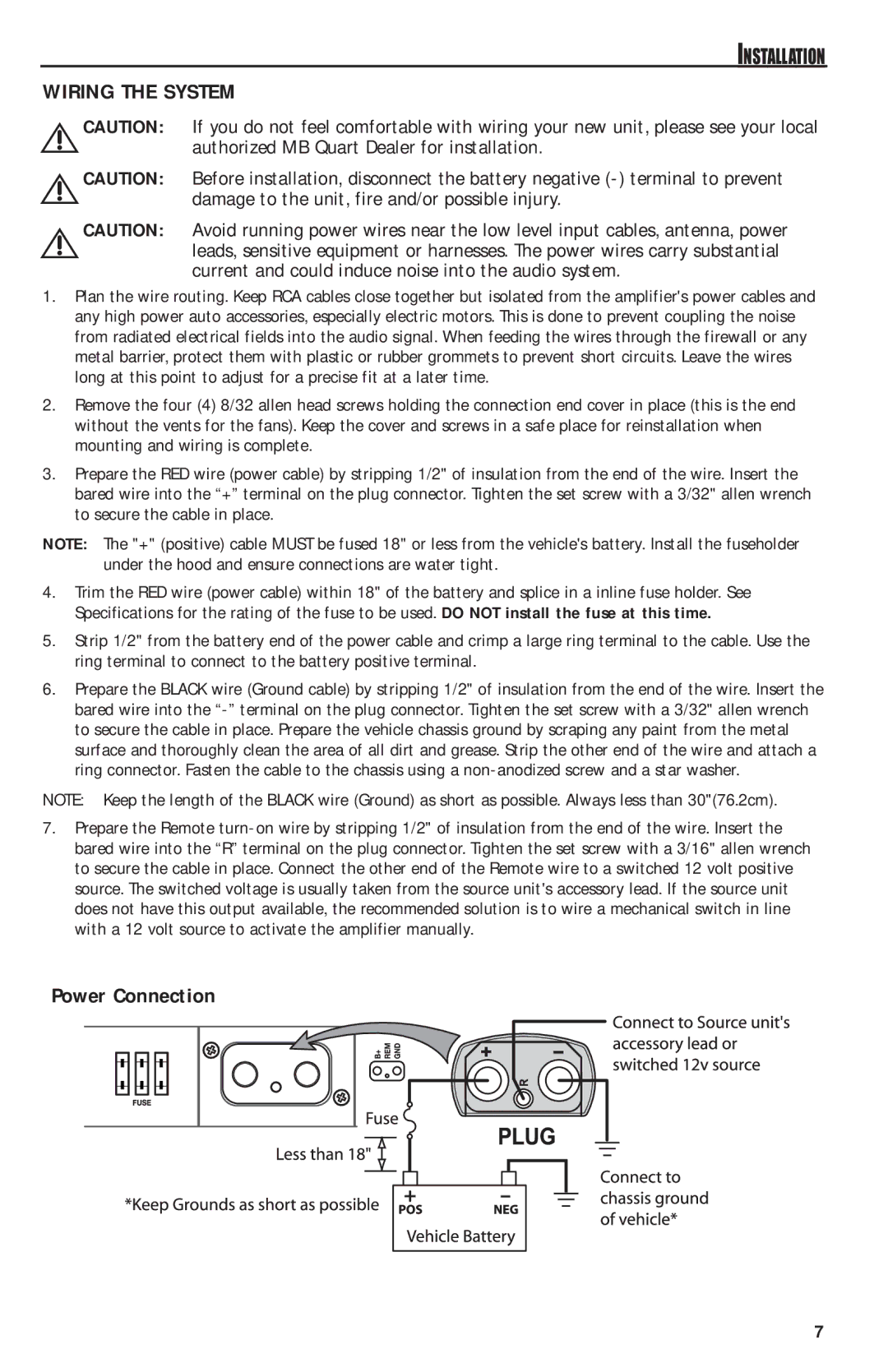 MB QUART RAA2400 manual Wiring the System, Power Connection 