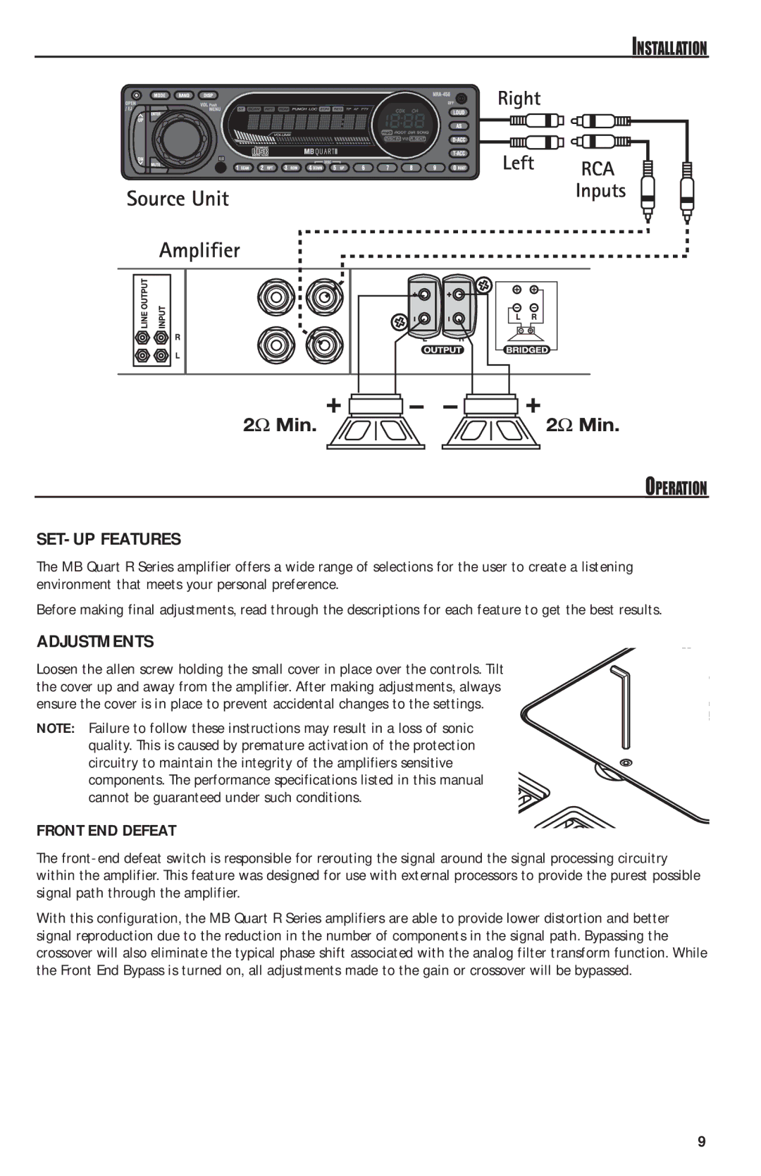 MB QUART RAA2400 manual SET-UP Features, Adjustments, Installation Operation, Front END Defeat 