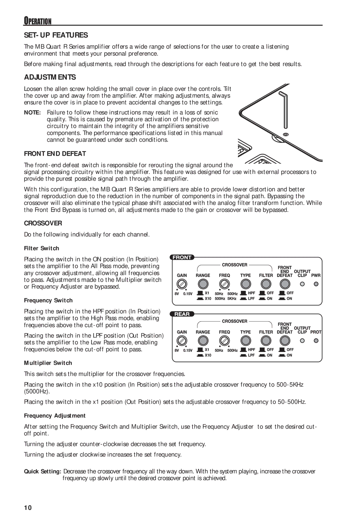 MB QUART RAA4200 manual SET-UP Features, Adjustments, Operation, Front END Defeat, Crossover 