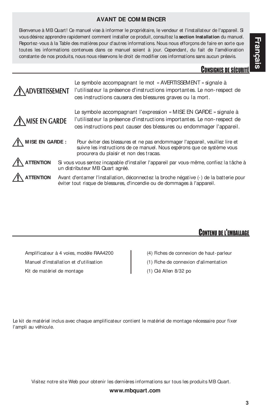 MB QUART RAA4200 manual Avant DE Commencer, Consignes DE Sécurité 