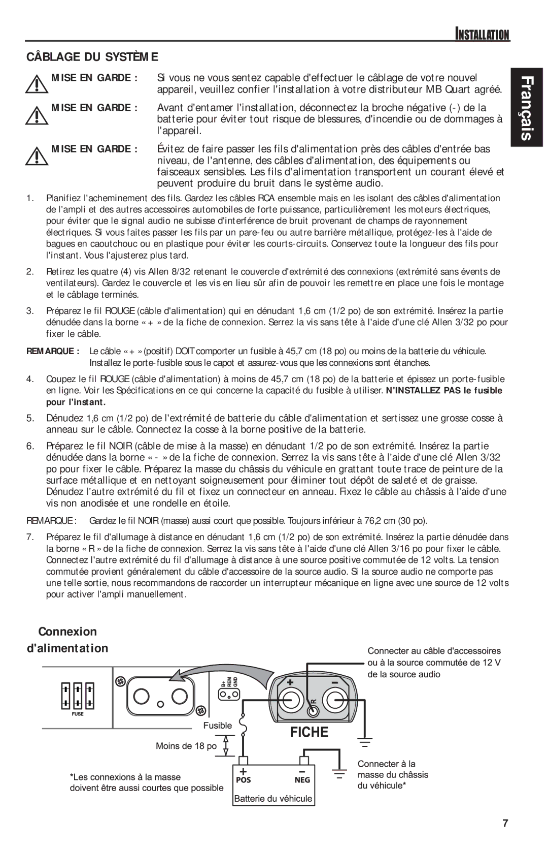 MB QUART RAA4200 manual Câblage DU Système, Connexion Dalimentation 