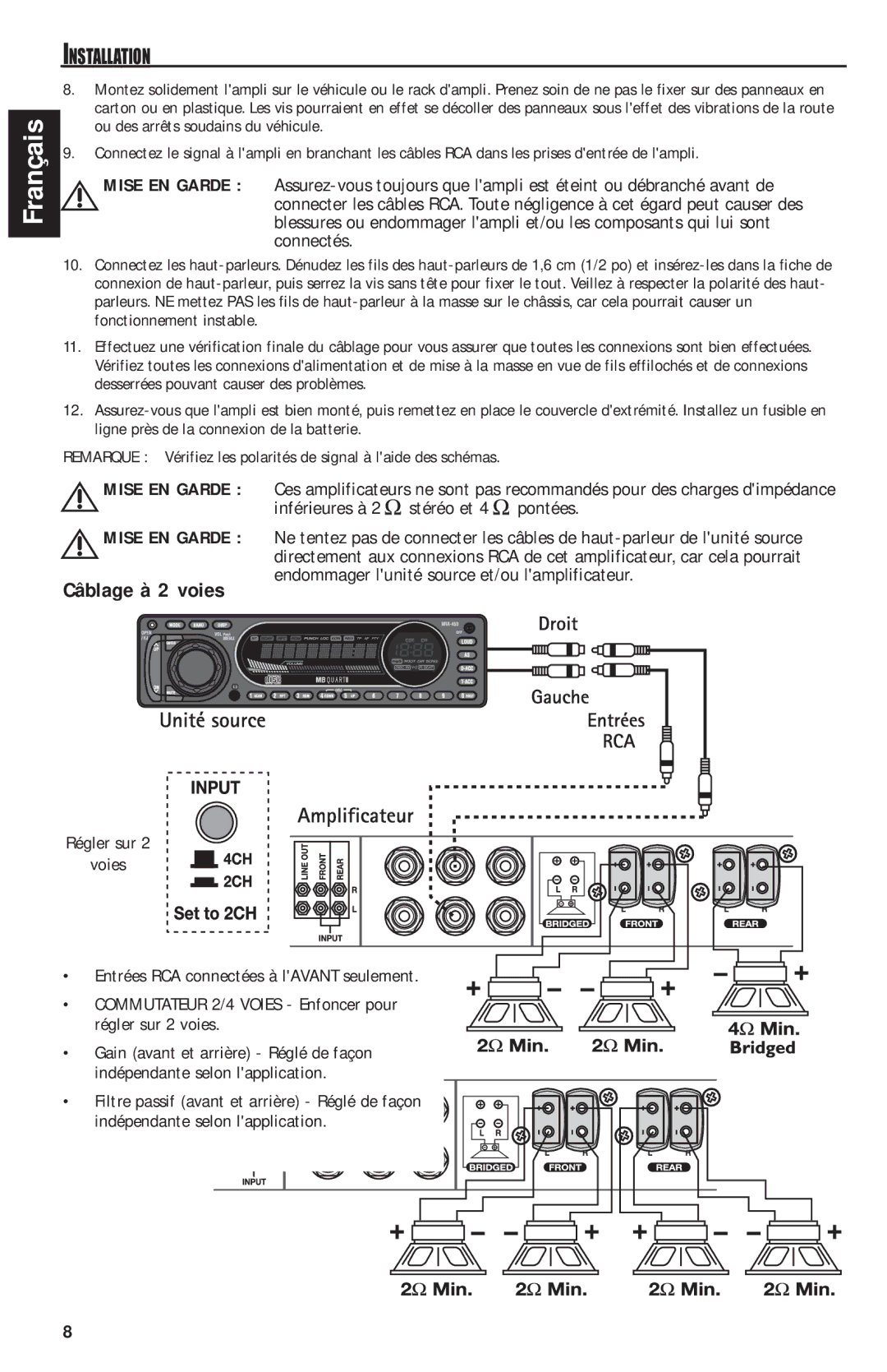 MB QUART RAA4200 manual Câblage à 2 voies 