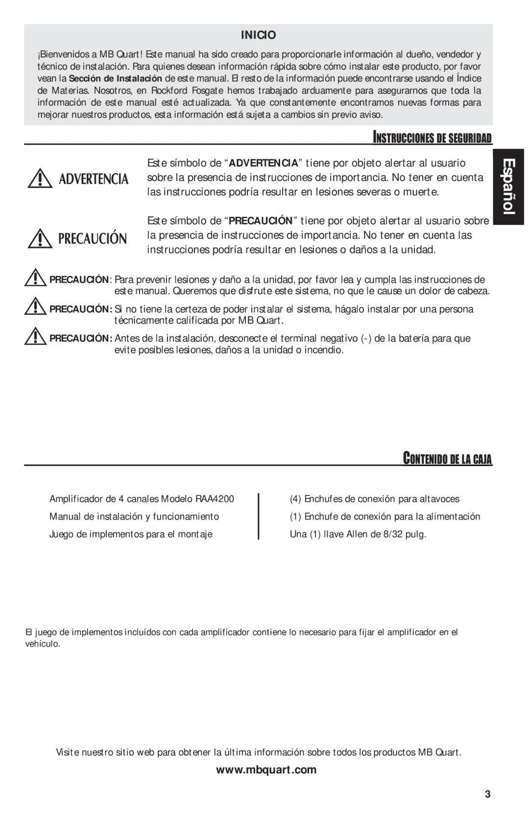 MB QUART RAA4200 manual Inicio, Instrucciones DE Seguridad, Enchufes de conexión para altavoces 