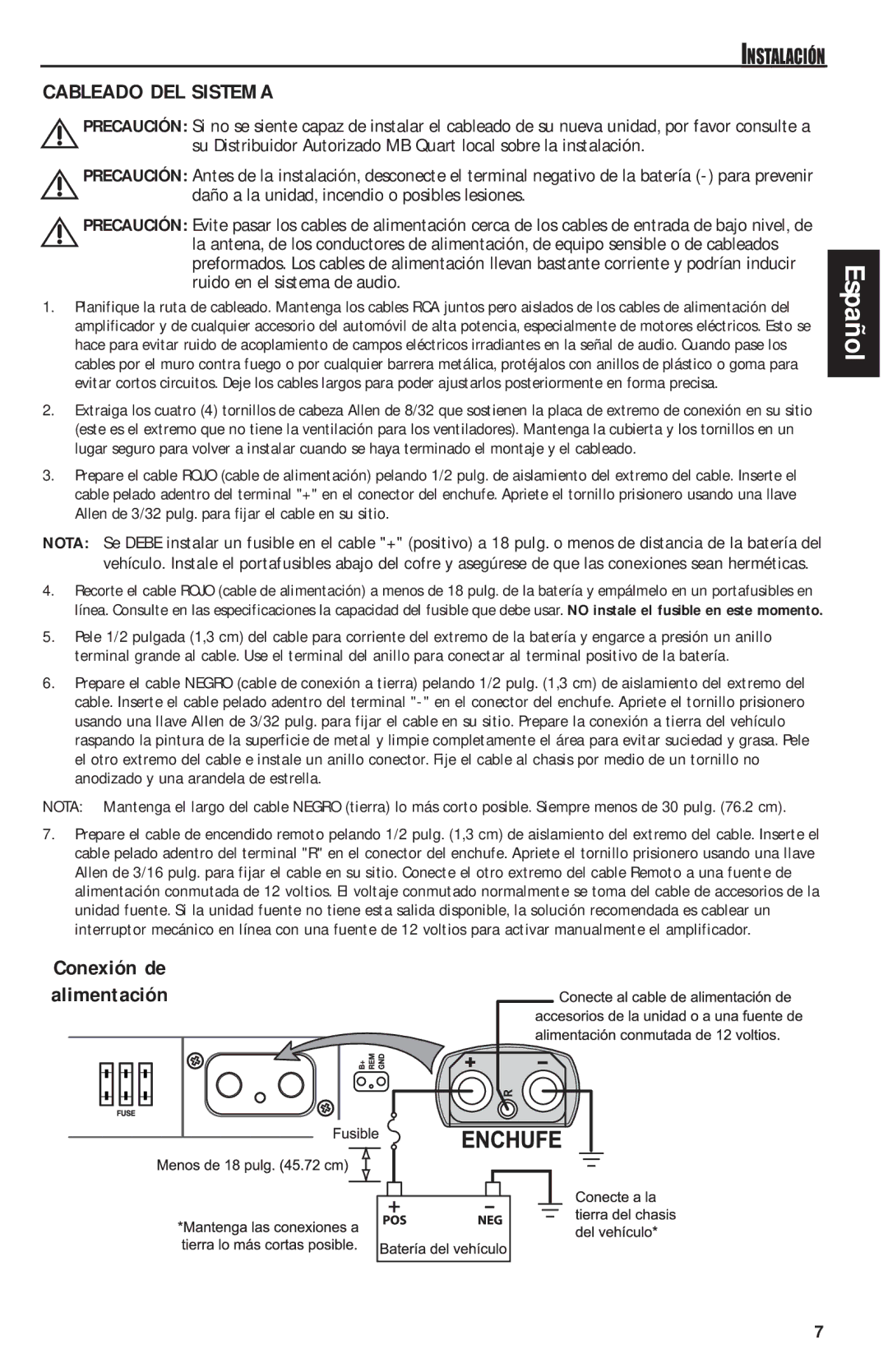 MB QUART RAA4200 manual Cableado DEL Sistema, Conexión de alimentación 