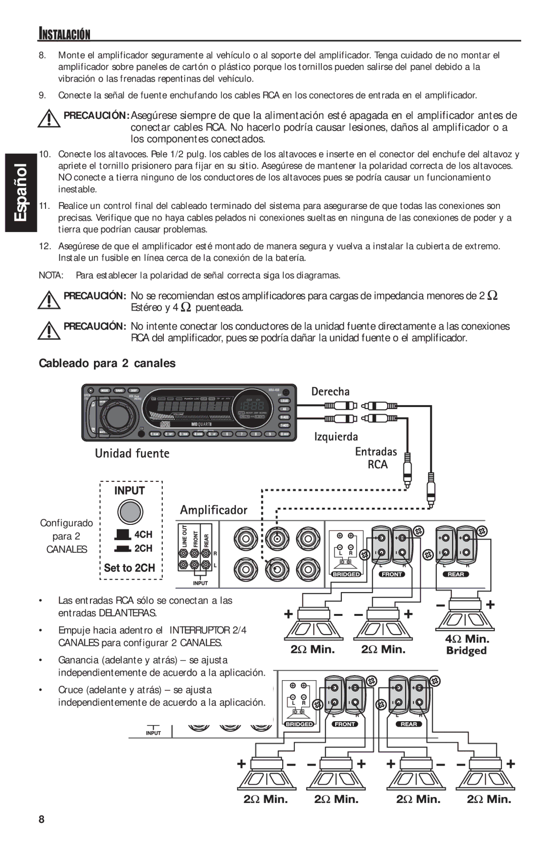 MB QUART RAA4200 Cableado para 2 canales, Configurado Para, Las entradas RCA sólo se conectan a las entradas Delanteras 