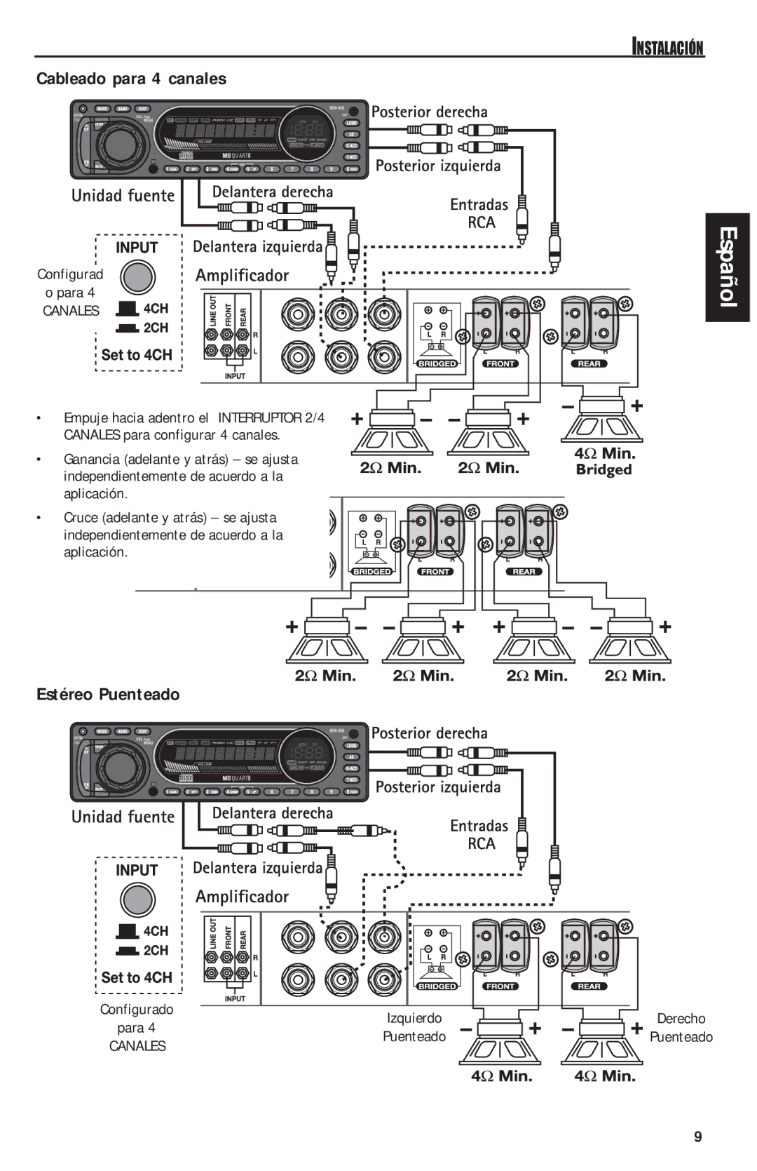 MB QUART RAA4200 manual Cableado para 4 canales, Estéreo Puenteado, Configurad Para 