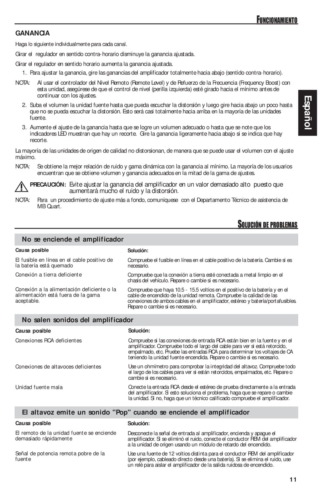 MB QUART RAA4200 manual Ganancia, No salen sonidos del amplificador, No se enciende el amplificador, Causa posible Solución 