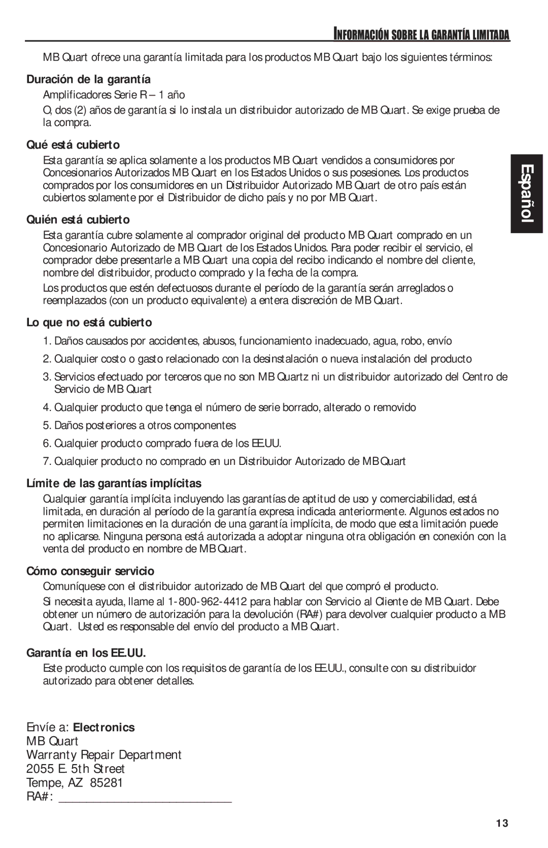 MB QUART RAA4200 manual Duración de la garantía, Qué está cubierto, Quién está cubierto, Lo que no está cubierto 