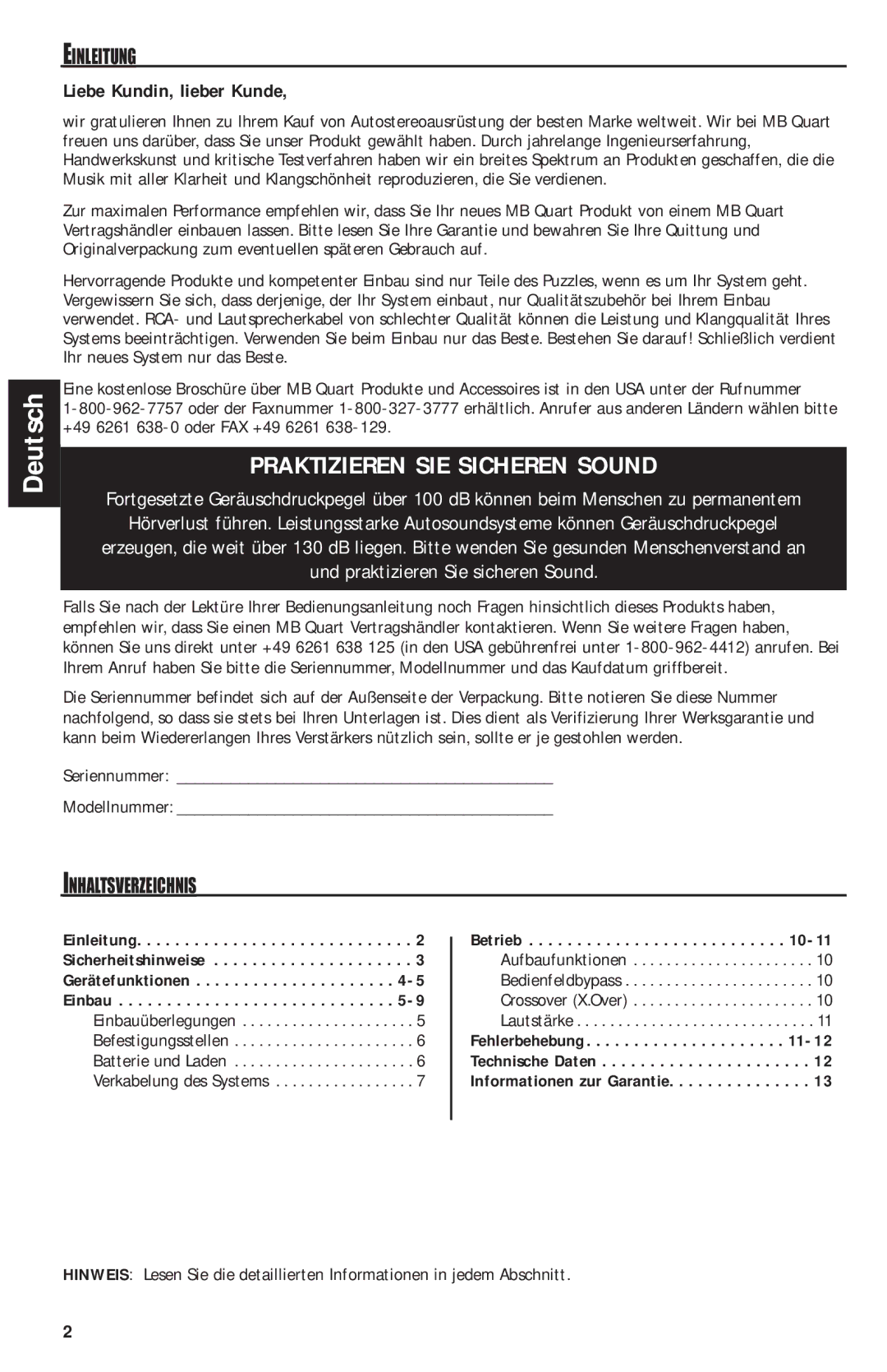 MB QUART RAA4200 manual Einleitung, Liebe Kundin, lieber Kunde, Inhaltsverzeichnis, Seriennummer Modellnummer, Betrieb 