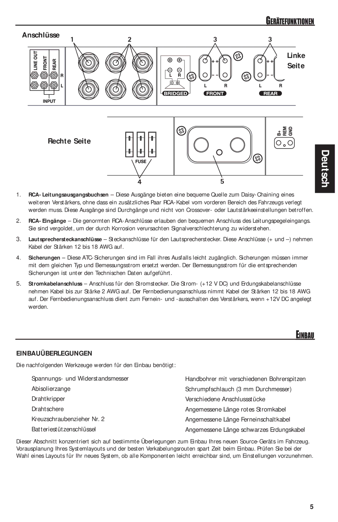 MB QUART RAA4200 manual Anschlüsse Rechte Seite Linke, Einbauüberlegungen 