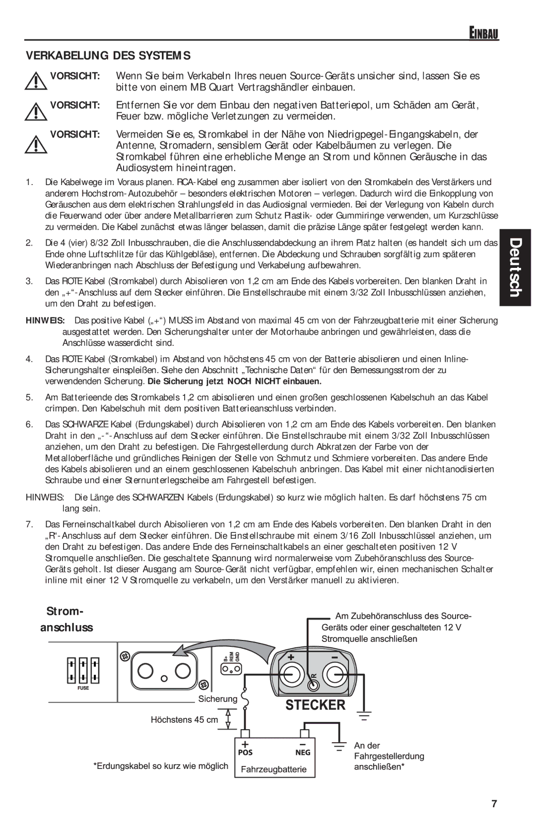 MB QUART RAA4200 manual Verkabelung DES Systems, Strom 