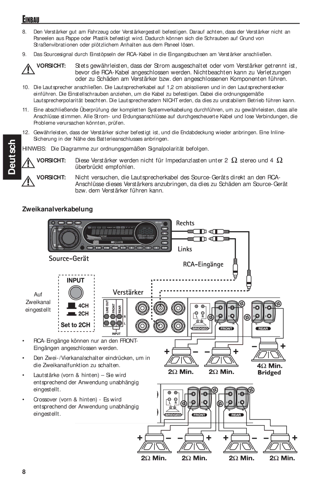 MB QUART RAA4200 manual Zweikanalverkabelung, Auf 