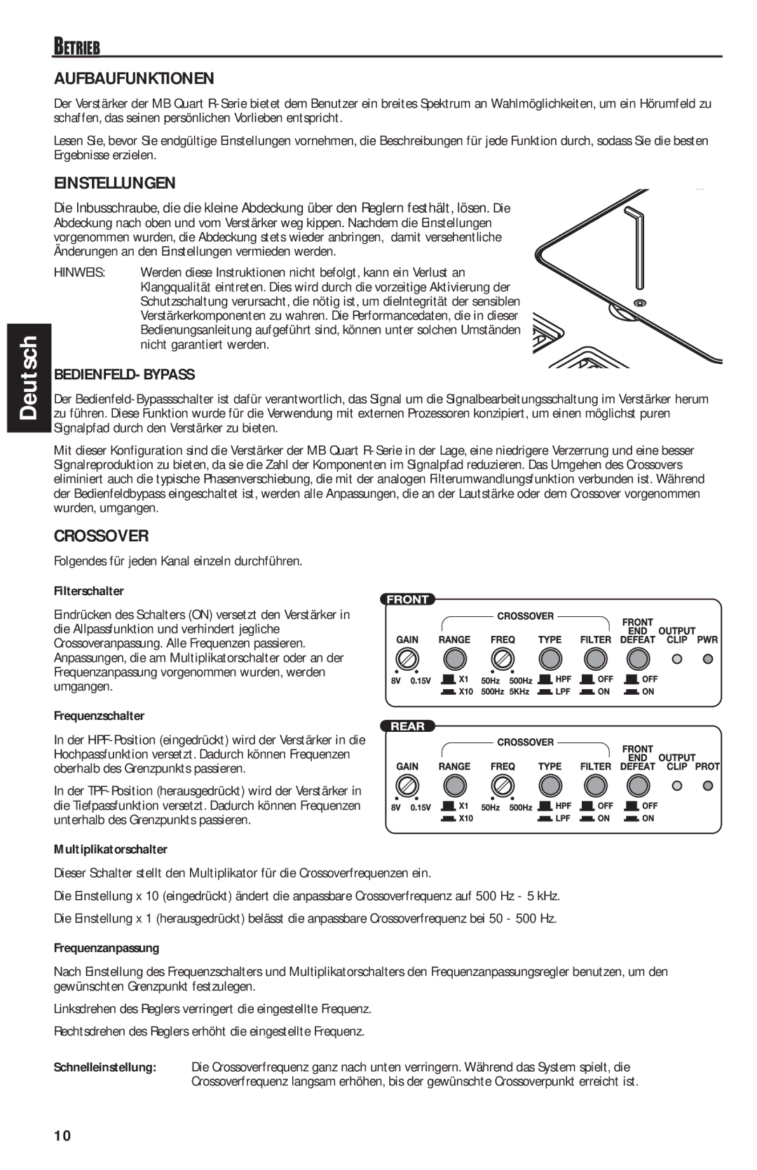 MB QUART RAA4200 manual Aufbaufunktionen, Einstellungen, Crossover, Betrieb, Bedienfeld-Bypass 