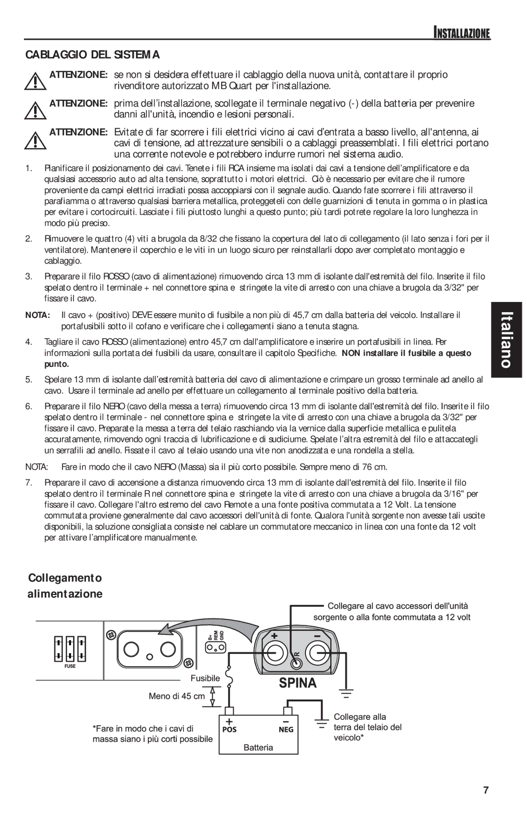 MB QUART RAA4200 manual Cablaggio DEL Sistema, Collegamento alimentazione 