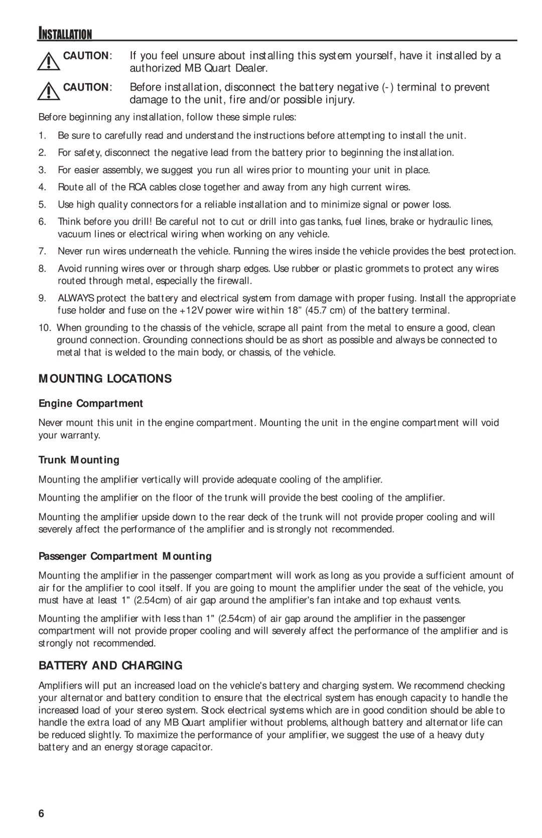 MB QUART RAA4200 manual Mounting Locations, Battery and Charging, Engine Compartment, Trunk Mounting 