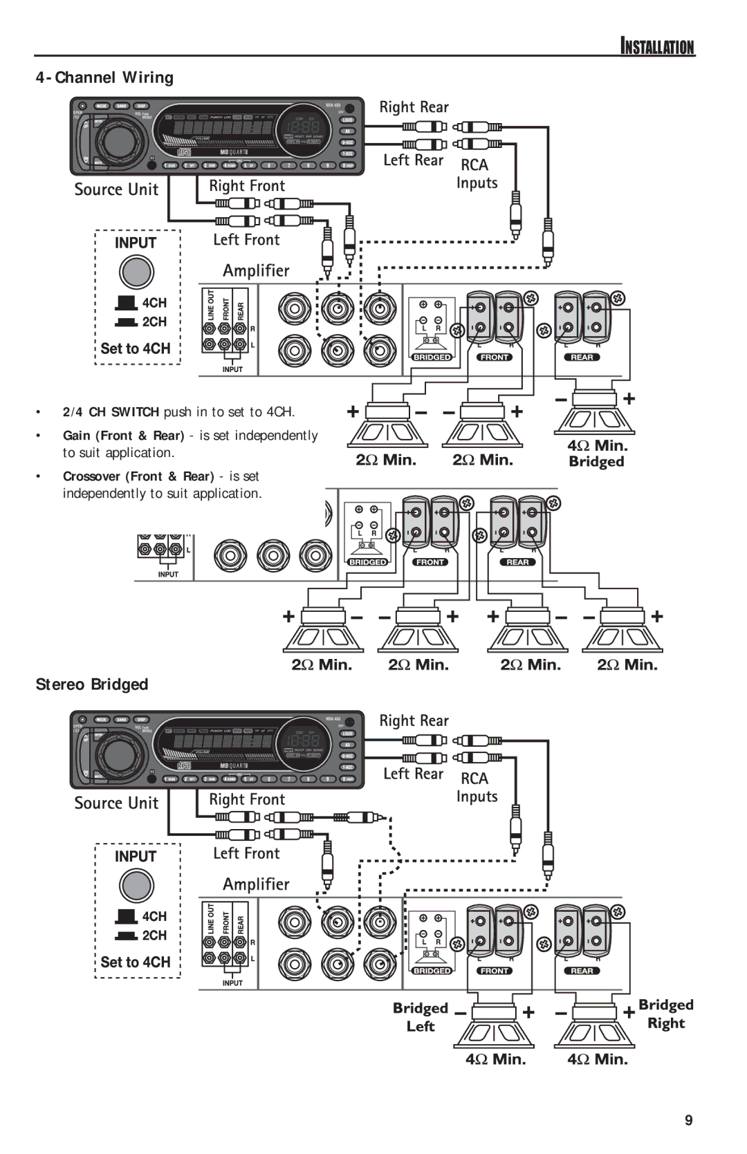 MB QUART RAA4200 manual Stereo Bridged, CH Switch push in to set to 4CH 