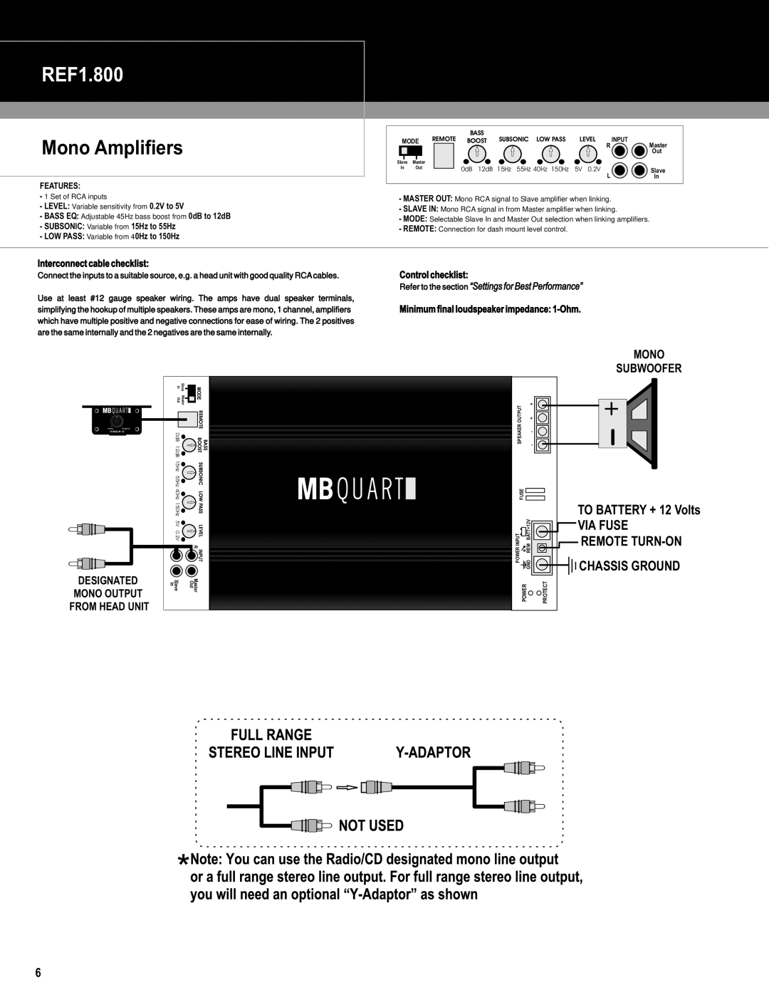 MB QUART REF4.80, REF4.50, REF1.800 installation manual Mono Amplifiers, Interconnect cable checklist, Control checklist 