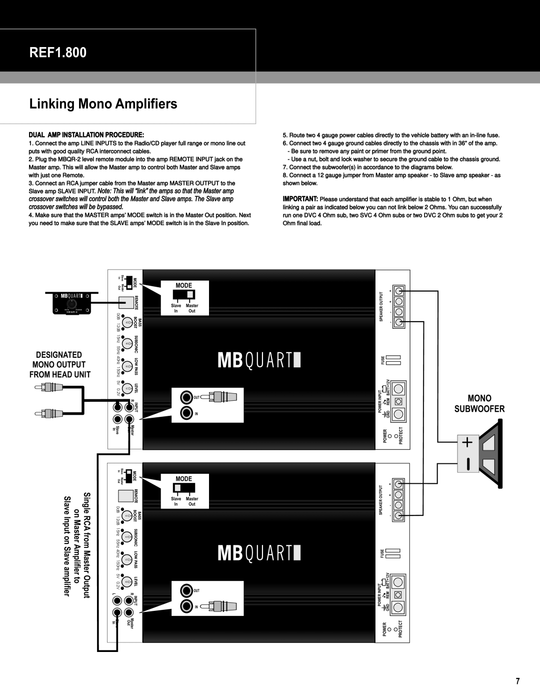 MB QUART REF1.800, REF4.50, REF4.80 installation manual Linking Mono Amplifiers, Dual AMP Installation Procedure 