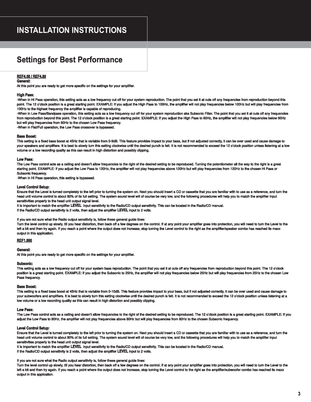 MB QUART REF4.80, REF4.50, REF1.800 installation manual Settings for Best Performance, Installation Instructions 