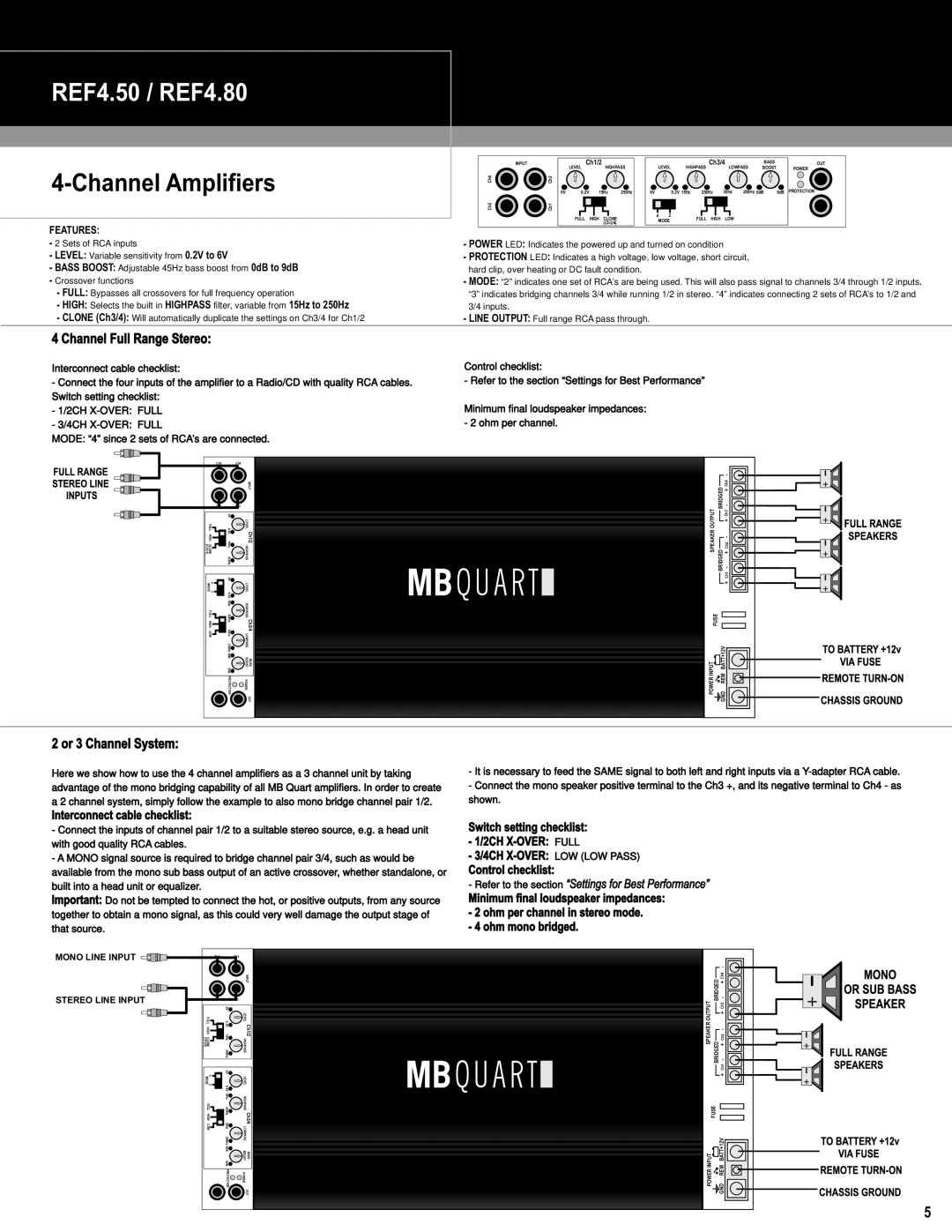 MB QUART REF1.800 installation manual REF4.50 / REF4.80, Channel Amplifiers 