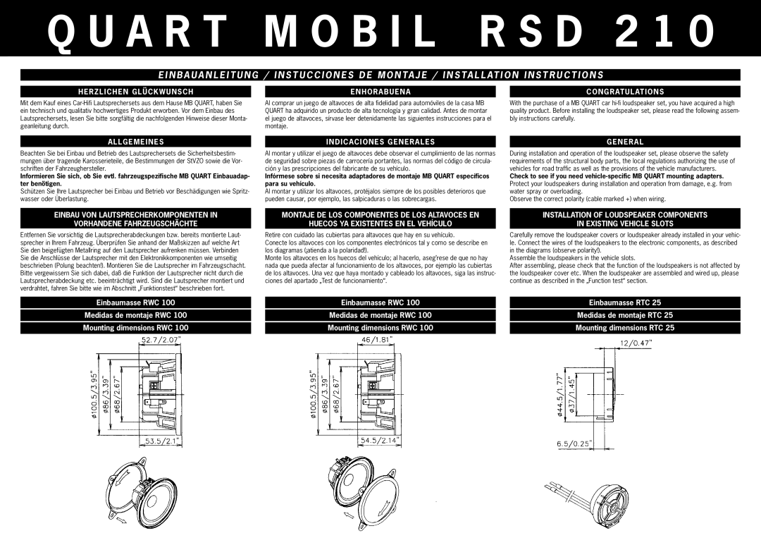 MB QUART RSD 210 installation instructions Herzlichen Glückwunsch Enhorabuena Congratulations, Einbaumasse RWC 