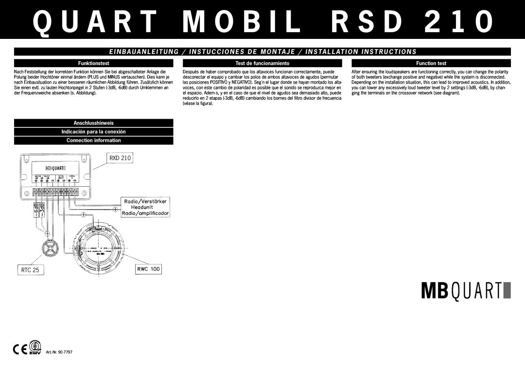 MB QUART RSD 210 installation instructions Q U A R T M O B I L R S D 2 1, Funktionstest, Test de funcionamiento, Rxd Rtc 