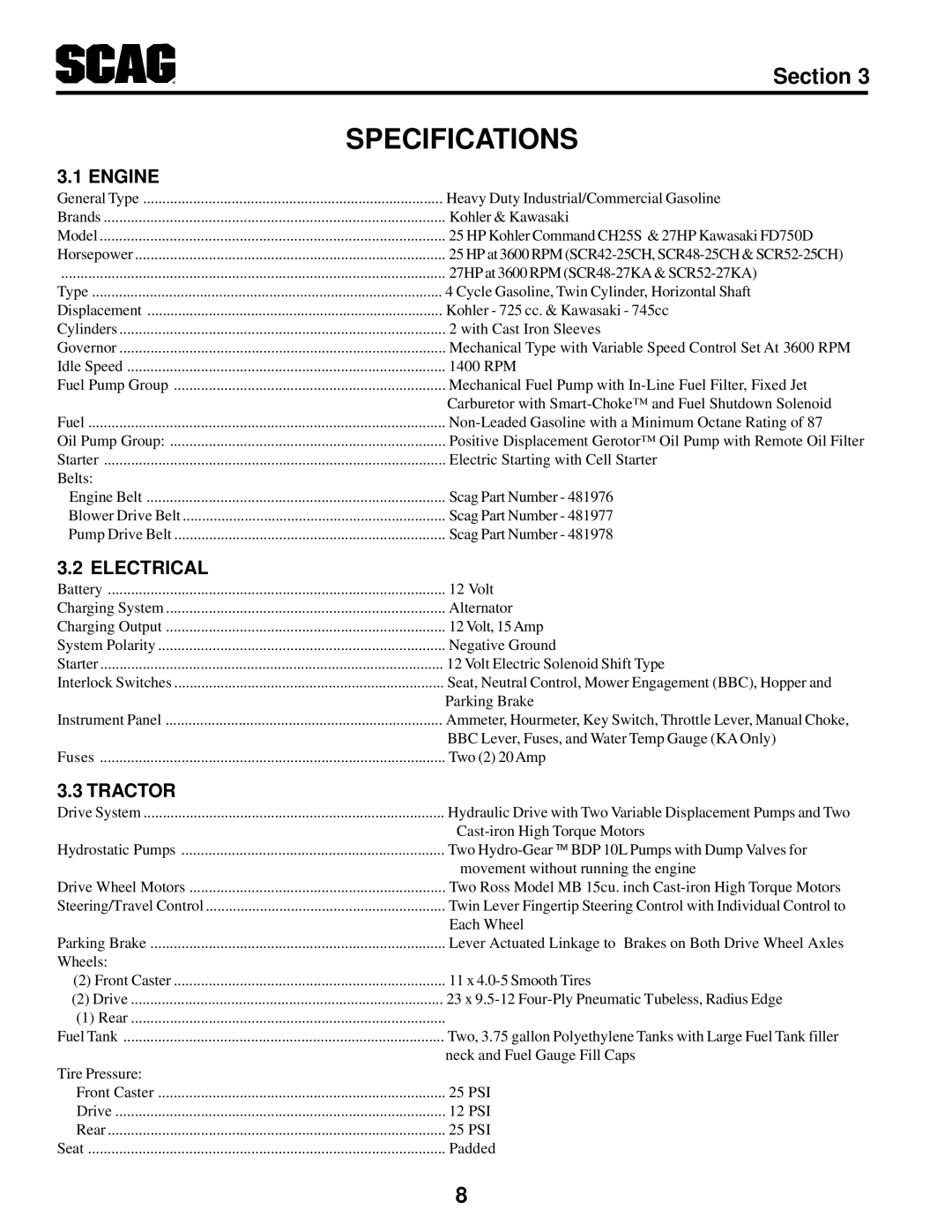 MB QUART SCR manual Specifications, Engine, Electrical, Tractor 