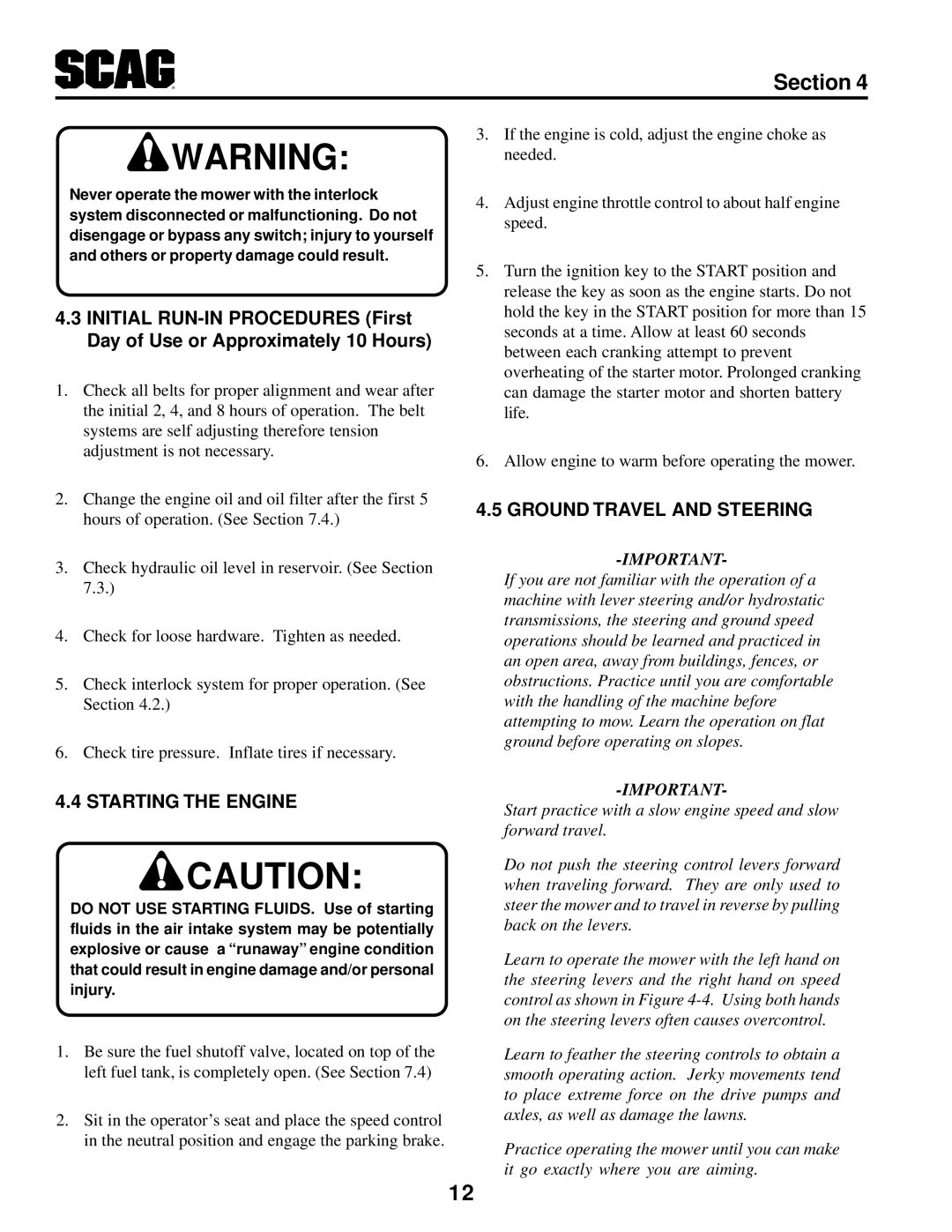 MB QUART SCR manual Starting the Engine, Ground Travel and Steering 