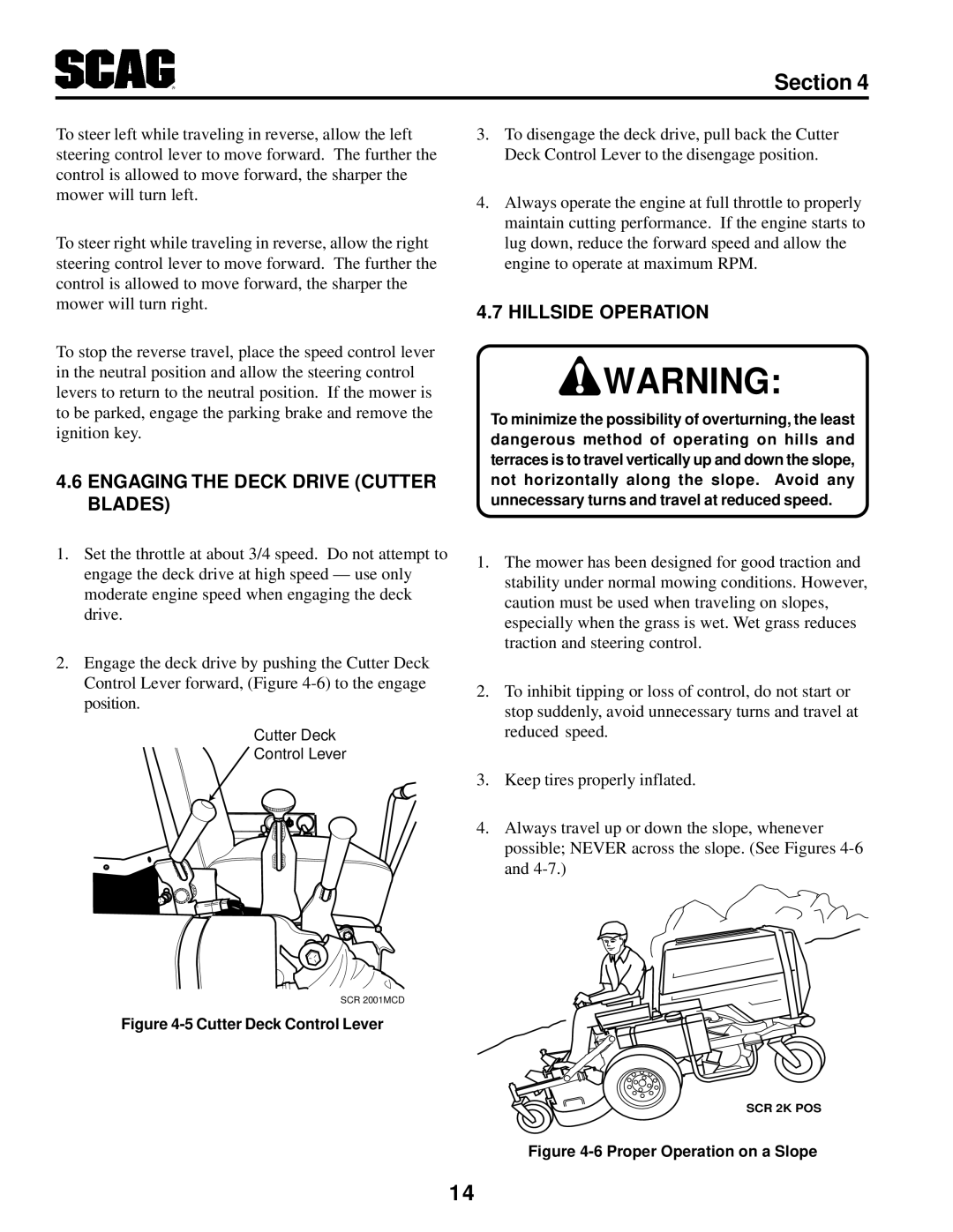 MB QUART SCR manual Engaging the Deck Drive Cutter Blades, Hillside Operation 