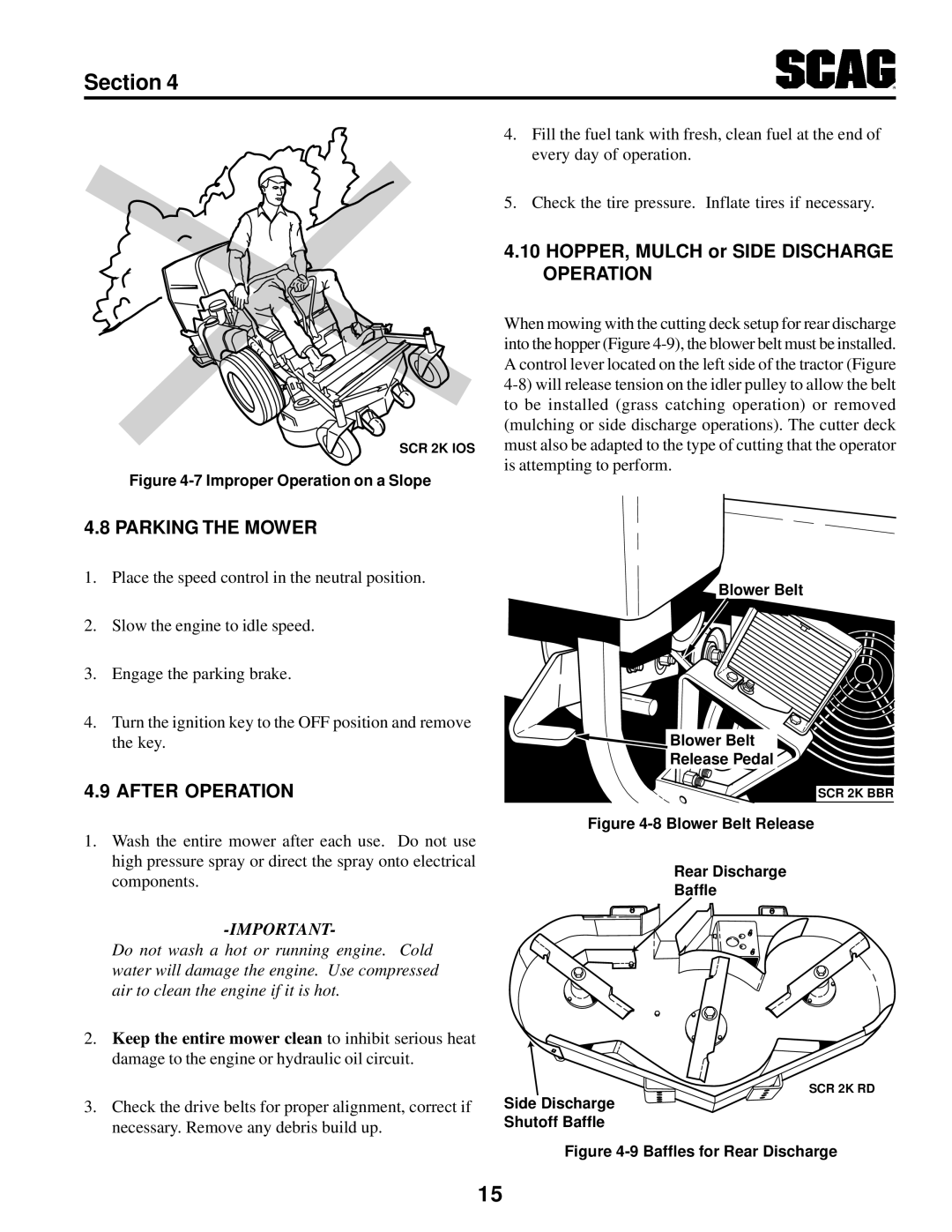 MB QUART SCR manual HOPPER, Mulch or Side Discharge Operation, Parking the Mower, After Operation 