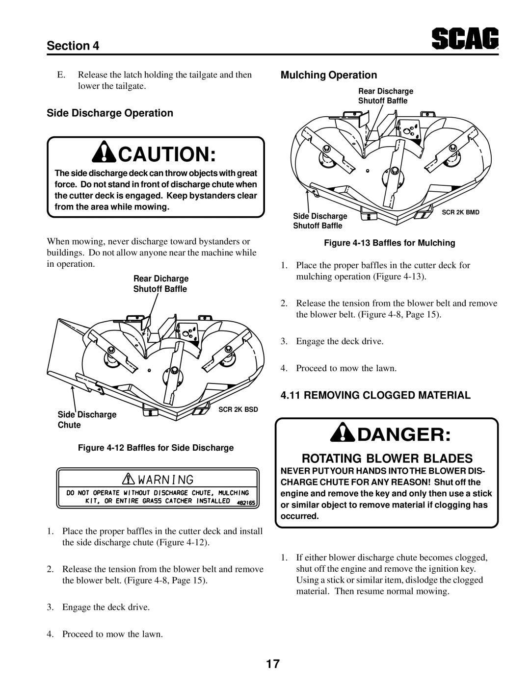 MB QUART SCR manual Mulching Operation, Side Discharge Operation, Removing Clogged Material 