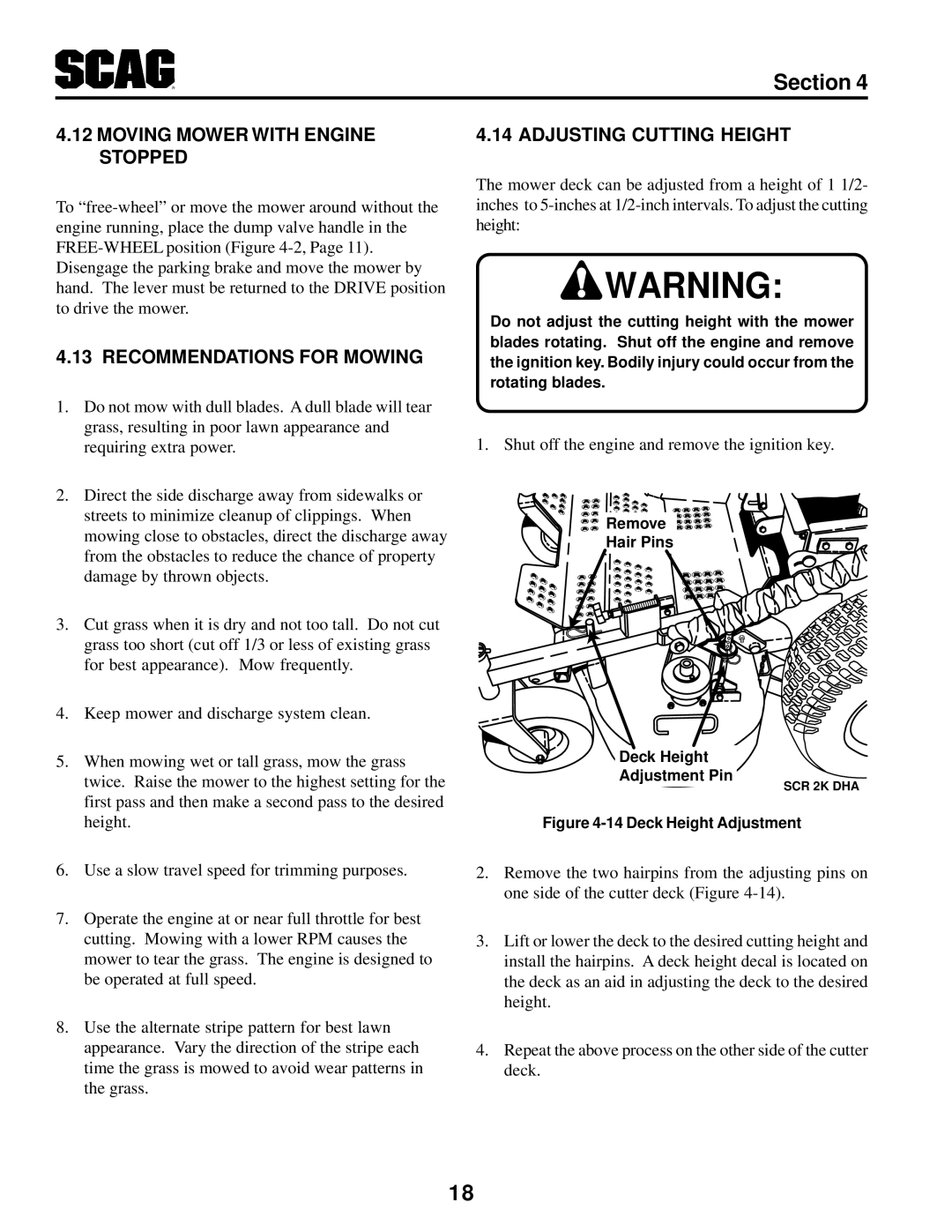 MB QUART SCR manual Moving Mower with Engine Stopped, Recommendations for Mowing, Adjusting Cutting Height 