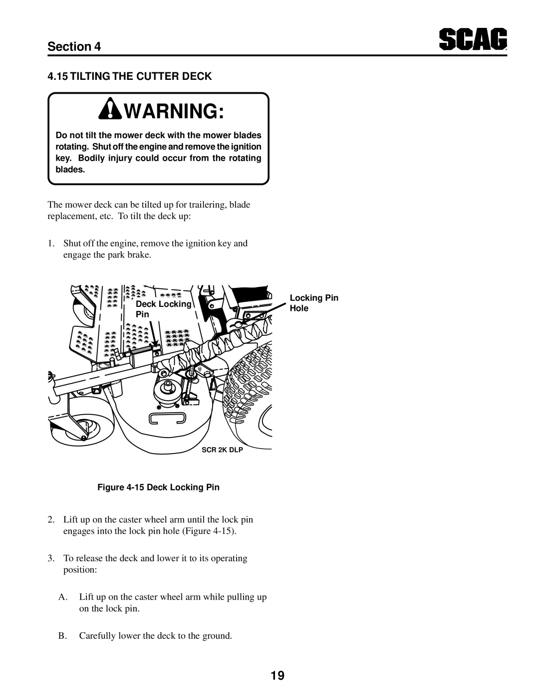 MB QUART SCR manual Tilting the Cutter Deck, Deck Locking Pin 