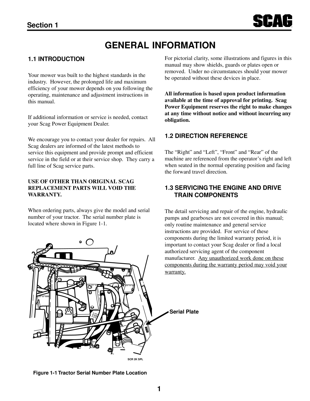 MB QUART SCR manual General Information, Introduction, Direction Reference, Servicing the Engine and Drive Train Components 