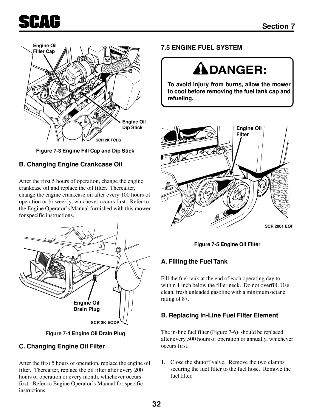 MB QUART SCR manual Changing Engine Crankcase Oil, Changing Engine Oil Filter, Engine Fuel System, Filling the Fuel Tank 