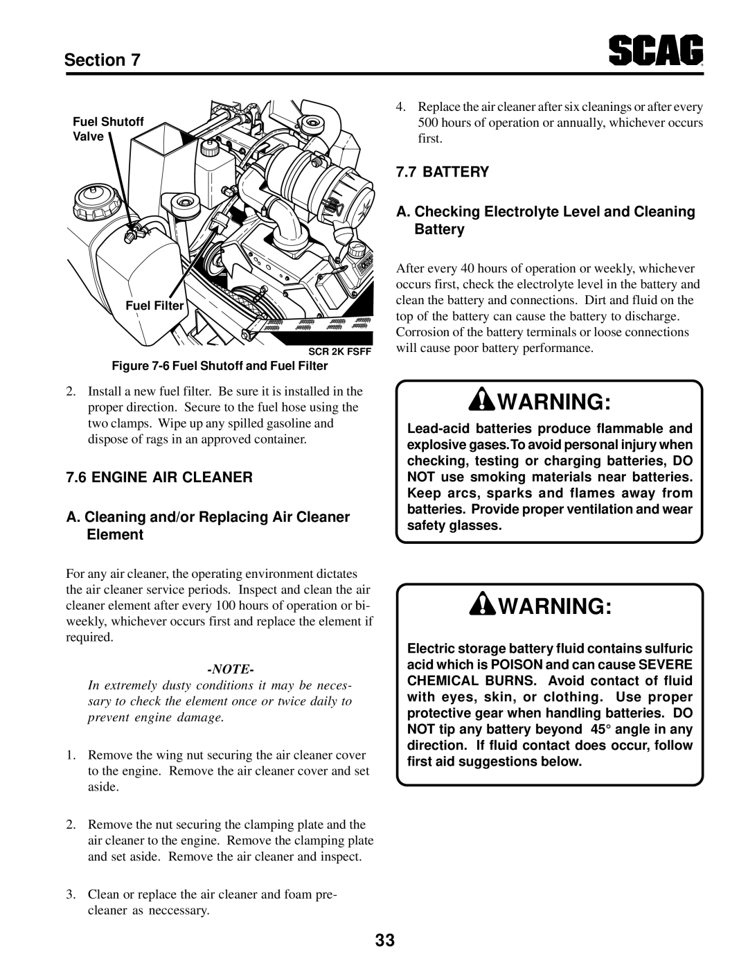 MB QUART SCR manual Checking Electrolyte Level and Cleaning Battery, Engine AIR Cleaner 