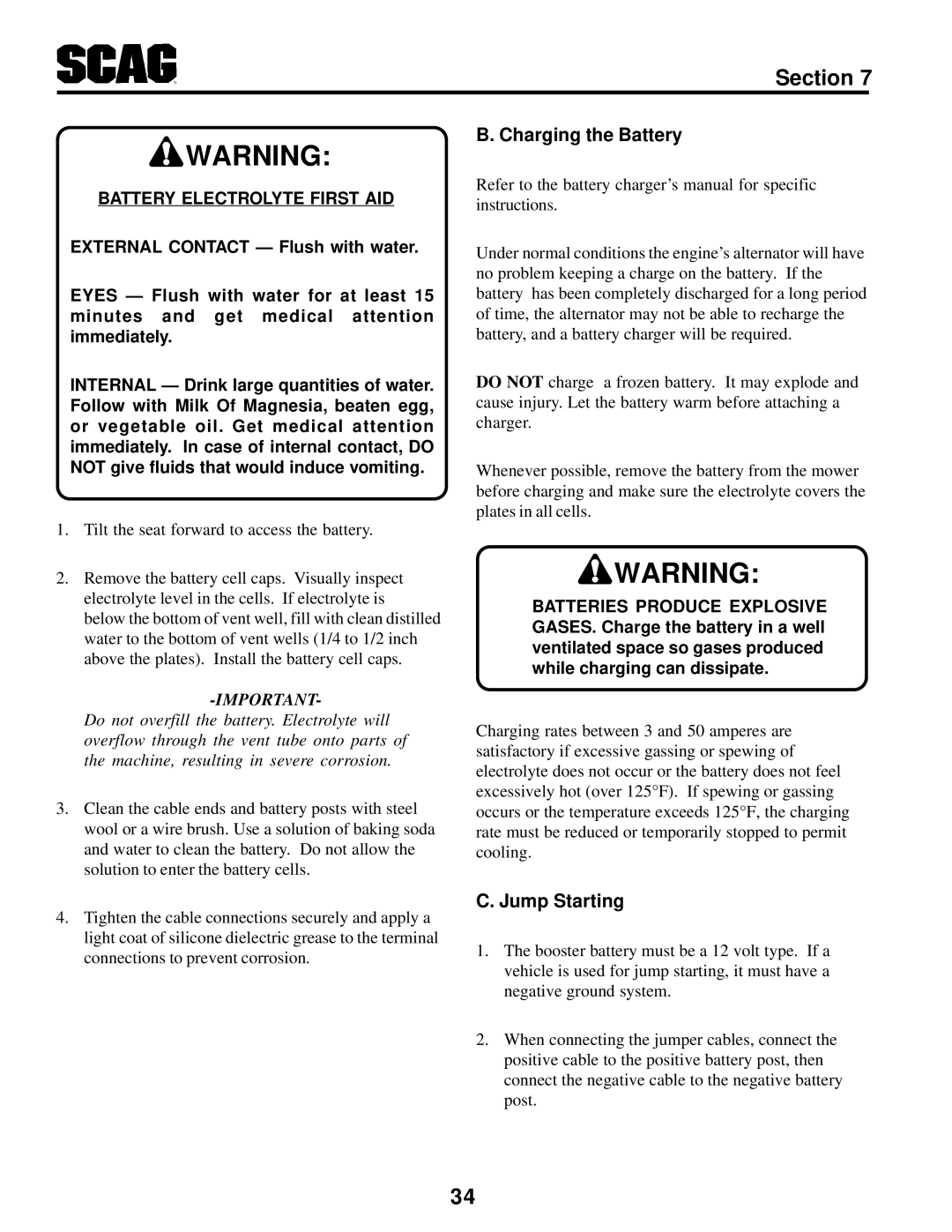 MB QUART SCR manual Charging the Battery, Jump Starting 