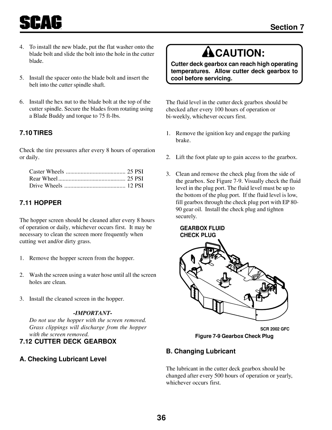 MB QUART SCR manual Tires, Hopper, Cutter Deck Gearbox, Checking Lubricant Level, Changing Lubricant 